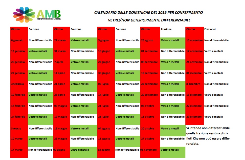 calendario indifferenziato domenica